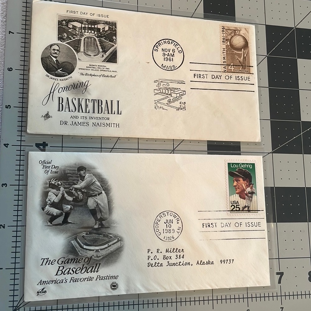 First day of issue stamps (2) honoring Game of Basketball, 1961; Baseball, 1989